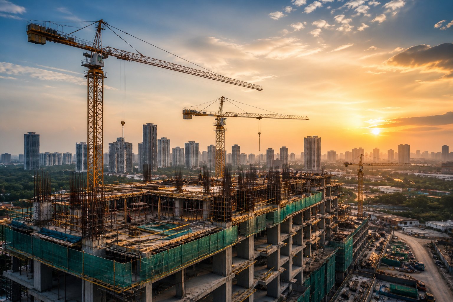Modern construction site at sunset with cranes and rebar superstructure