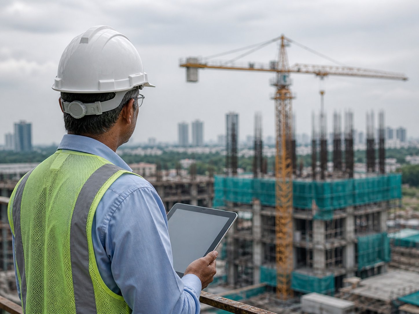 Construction project manager reviewing blueprints alongside a tablet showing a Gantt chart