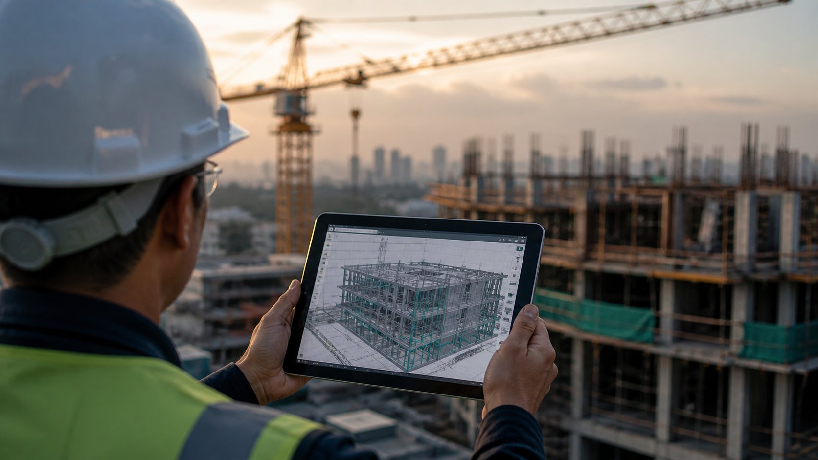 Engineer holding a tablet displaying a 3D BIM model on an active construction site