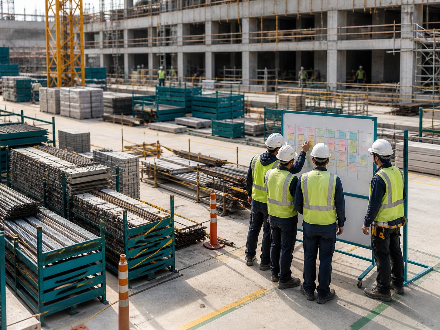 Construction crew reviewing a planning whiteboard at an organised site with neatly stacked materials