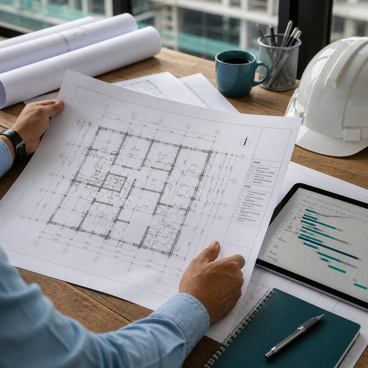 Site engineer inspecting an active construction project with a tablet