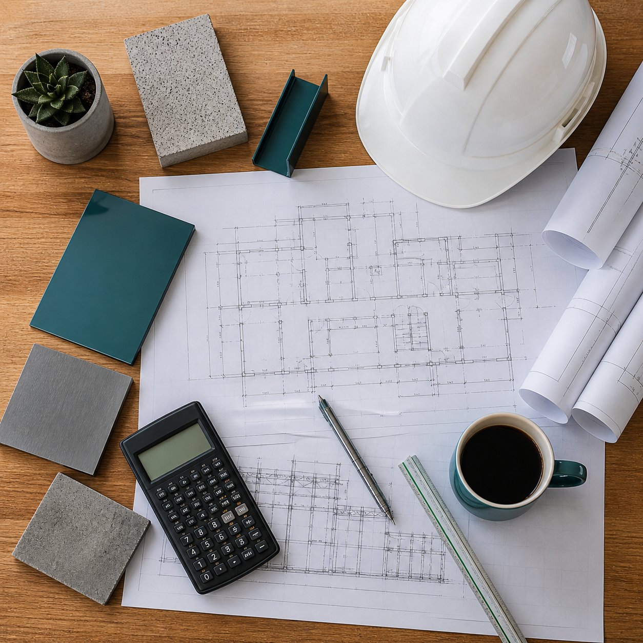 Top-down view of architectural drawings, calculator, material samples and hardhat for value engineering